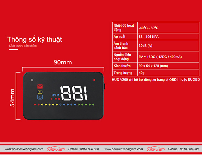 Thông số kỹ thuật thiết bị HUD v200
